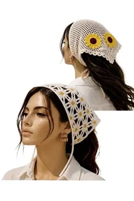 İNCİ ÇEYİZ 2li kombin Vintage Sarı Papatya Bohem Kroşe Pembe Çiçek bandana