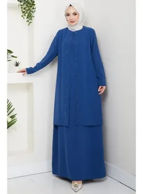 hafsamina Büyük Beden Boncuklu Taşlı Anne Elbisesi İndigo HM2693