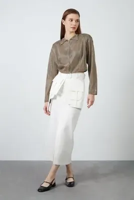 Gizia Cep Ve Ön Yırtmaç Detaylı Ekru Etek
