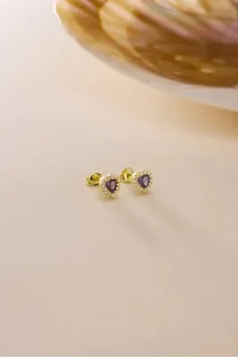 Nereze 925 Ayar Gümüş Gold Kaplama Mor Taşlı Kalp Model Küpe