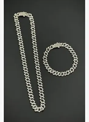 Frnch 925 Ayar Gümüş Beyaz Zirkon Taşlı Gümüş Renk Erkek Bileklik/Kolye Set FRJ12659-3659-A