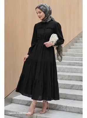 InStyle Fırfırlı Patlı Siyah Viskon Elbise