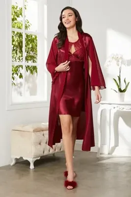 Pierre Cardin Saten Dantelli Kadın Gecelik ve Sabahlık Takımı - 4375 Bordo