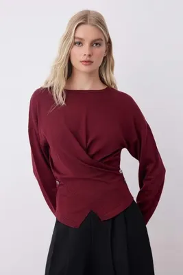 TRENDYOLMİLLA Bordo Pamuk Karışımlı Bağlama Detaylı Triko Kazak TWOAW26KZ00216