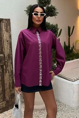 Lijuri Bordo Önü Şerit Taşlı Gömlek 3448