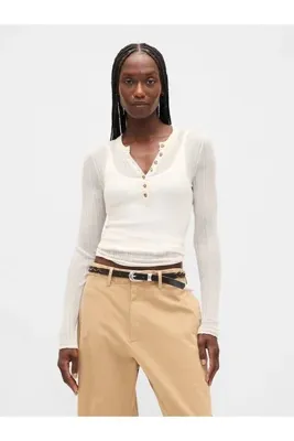 Gap Kadın Beyaz Transparan Fitilli Henley Kazak