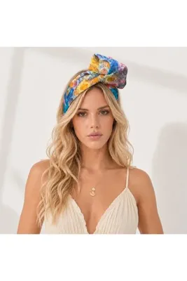 Bukiro Mavi SarıYağlı Boya Desenli Telli Saç Bandı | Mavi Sarı 3D Dokulu Şekil Verilebilir Bohem Kadın Bandana