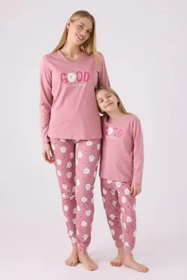 Arnetta Kadın Pembe Good Best Friend Forever Uzun Kol Pijama Takımı (Anne-Kız Kombin Yapılabilir)