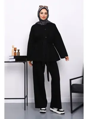 İmaj Butik Siyah Kemerli Ceket Pantolonlu Kot Takm