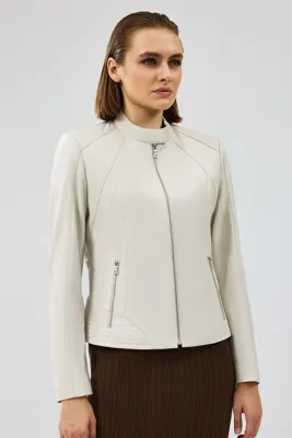 Derimod Anya Kadın Krem Kısa Deri Ceket