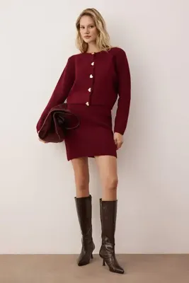 TRENDYOLMİLLA Bordo Yumuşak Dokulu Kalp Düğme Detaylı Triko Alt - Üst Takım TWOAW26AU00132