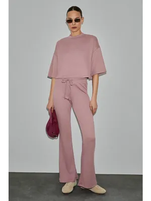 Grimelange PRIME Kadın Organik Pamuklu Bisiklet Yaka Kısa Kollu Oversize Crop PEMBE T-Shirt