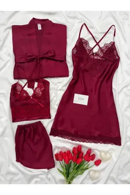 Lena Homewears Kadın Magic 4’lü Dantelli Saten Gecelik, Sabahlık ve Şortlu Set