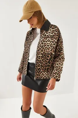 Bianco Lucci Kadın Siyah Camel Leopar Desenli Yakası Deri Detaylı Mont 60351236