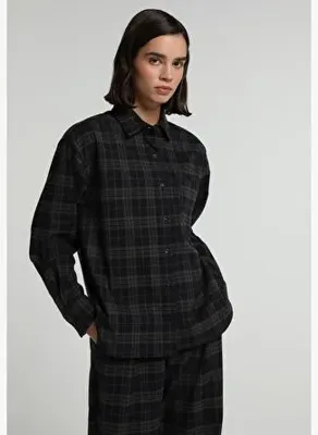 Colins Boyfriend Fit Shirt Neck Ekoseli Kadın Antrasit Uzun Kol Gömlek