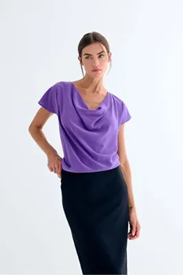 Silk and Cashmere Mor Estrella Saf İpek Degaje Yaka Kısa Kollu Bluz