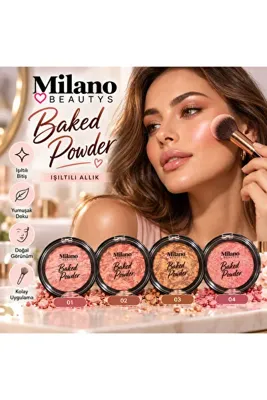 MİLANO BEAUTYS Baked Powder Işıltılı Allık – Doğal Görünüm, Yumuşak Dokulu Fırınlanmış Allık – 4 Renk Seçeneği