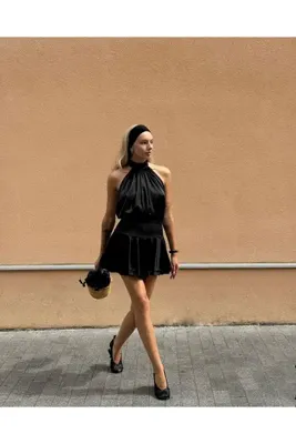 TAYT VEGAS ZARİF HALTER YAKA PİLELİ MİNİ ELBİSE