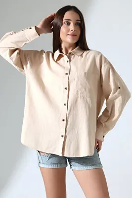 Corradeo Giyim Yeni Sezon Oversize Kalıp Keten Kumaş Aplike Cepli Apoletli Kadın Gömlek