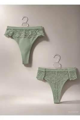 F.K Lazer Kesim Dantel Detaylı Yeşil Renk Tanga Külot String