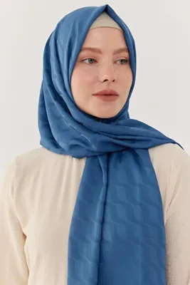 MİRSOY SCARF Dalga Desen İpeksi Jakar Şal - Mavi