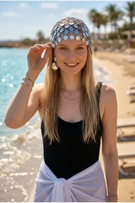 Handmade Kadın El Örgüsü Payetli Bohem Bandana - File Örgü Plaj Saç Aksesuarı - Mavi
