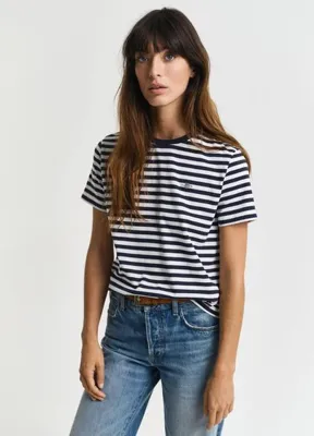 Gant Lacivert Regular Fit Bisiklet Yaka Çizgili Kısa Kollu Kadın T-Shirt