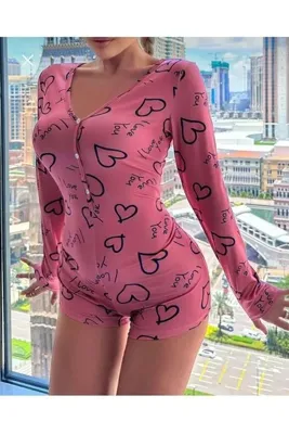 Feel Lady KALP DESENLİ PEMBE TULUM PİJAMA
