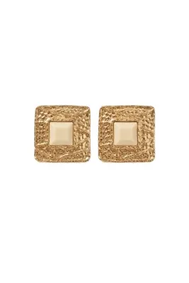 Lia Valen Kare Krem Taşlı Gold Küpe