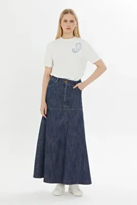 Kiwe Lacivert Uzun Denim Etek