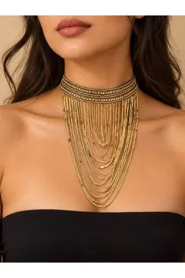 KESKİN AKSESUAR KADIN GOLD ÇOK KATLI SARKIT ZİNCİRLİ CHOKER KOLYE