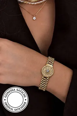 GONESSA 14K Altın Kaplama Özel Elegance Seri Zirkon Taşlı Saat Kordonlu Bileklik