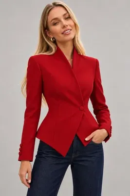 VALEQUİN Kadın Kırmızı Blazer Ceket Dik Yaka Tek Düğmeli Belden Oturtmalı Asimetrik Kesim