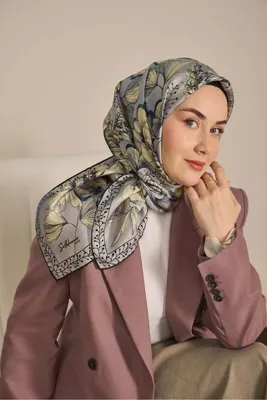 Silk Home Twill İpek Eşarp Büyük Çiçek Mavi Gri 90x90