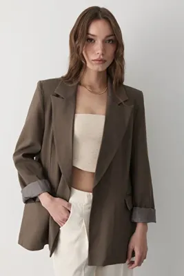 JASTE Kadın Kahve Çizgili İçi Astarlı Kol Detaylı Blazer Ceket