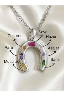 AUREON GOLD Şans At Nalı Kolye – Renkli Taş Detaylı