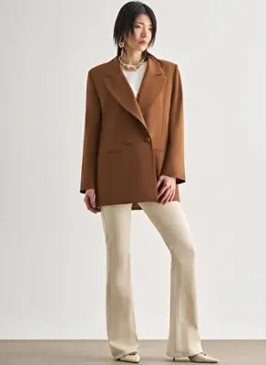 Mizalle Oversize Çift Yırtmaçlı Kahverengi Blazer Ceket