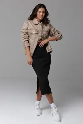 Moije Kadın Siyah Antrasit Yırtmaçlı Midi Etek
