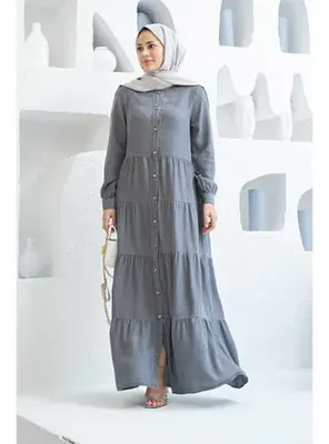 Neways 6556-Denim Düğmeli Büzgülü Elbise Gri