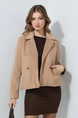 Fulla Moda Cepli Kruvaze Yaka Yumuşak Dokulu Kaşe Mont