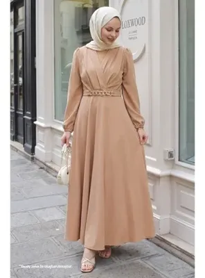 InStyle Kruvaze Yaka Zincir Kemerli Camel Elbise