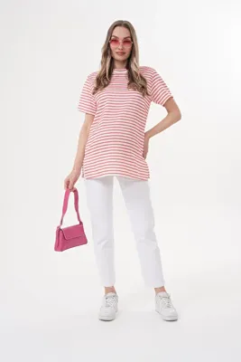 Miss Dünya Lissa Bisiklet Yaka Kısa Kol Çizgili Hamile ve Lohusa T-shirt