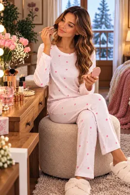 ELİTOL Pamuklu Soft Touch Raporlu İnterlok Desenli Kumaş Yuvarlak Yaka Uzun Kollu Pijama Takımı