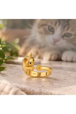 Silveranka 925 Ayar Gümüş Sarılan Kedi Figürlü Kadın Yüzük