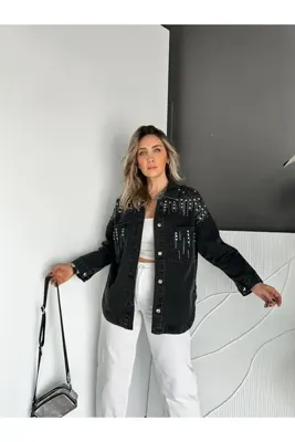 Zerrincan Giyim Siyah Omuz Ve Cebi Taşlı Kot Ceket