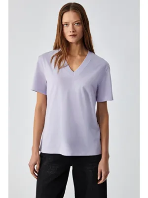Grimelange ALINE Kadın %100 organik Pamuk Derin V Yakalı Comfort Fit LİLA T-Shirt