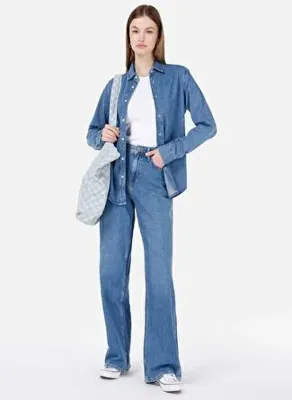 Colins 970 Berry Regular Fit Yüksel Bel Geniş Paça Kadın Mavi Jean Pantolon