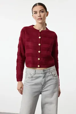 TRENDYOLMİLLA Bordo Bisiklet Yaka Triko Hırka TWOAW24HI00337