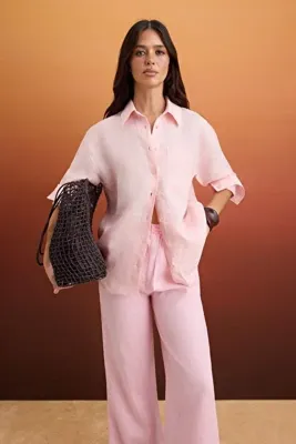 TRENDYOLMİLLA Pembe % 100 Keten Cep Detaylı Oversize Gömlek TWOSS26GO00039