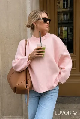 LUVON Pembe Bisiklet Yaka Oversize Kadın Triko Kazak